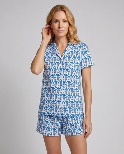 Damen Gemusterter Schlafanzug mit Kurzarm und Shorts EB