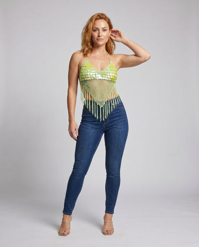 Damen Häkeltop mit glitzernden Pailletten und fransigen Akzenten EB