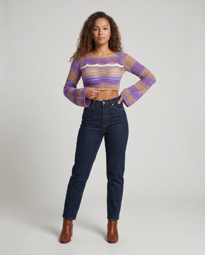 Damen luftiges, gehäkeltes Crop-Top mit weitem Ärmel EB