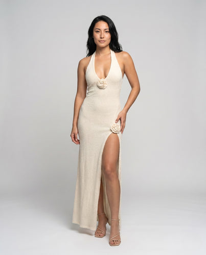 Damen Maxikleid mit hoher Teilung und floralen Akzenten EB