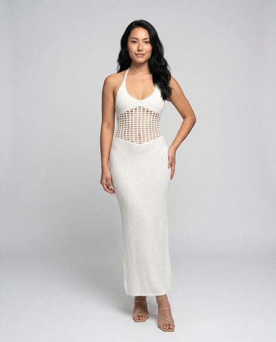 Damen Maxikleid mit tiefem V-Ausschnitt und gehäkeltem Oberteil EB