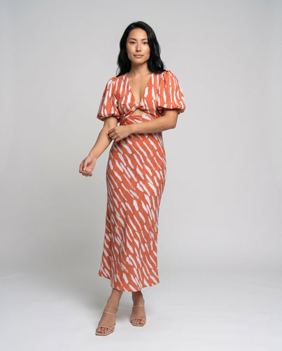 Damen Midi-Kleid mit Puffärmeln und voluminösem Schnitt EB