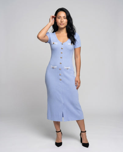 Damen Midi-Kleid mit strukturiertem Rippmuster und eleganten Knopfdetails EB