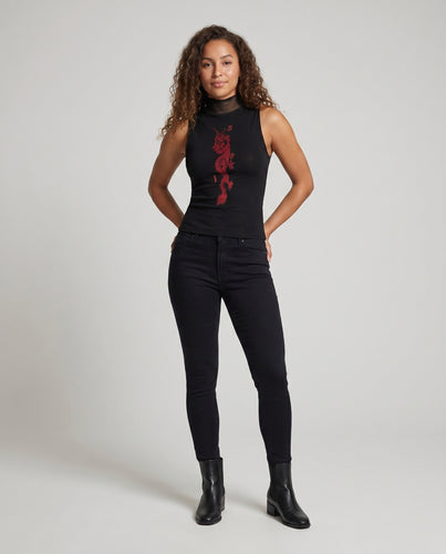 Damen nan ärmelloses tailliertes hochgeschlossenes Top mit vertikalem Drachenmotiv aus Stretchjersey EB