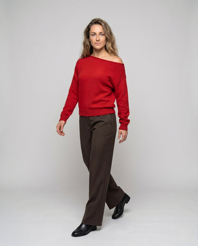 Damen nan asymmetrischer schulterfreier Feinstrickpullover mit sanfter Schulterlinie und geripptem Bund EB