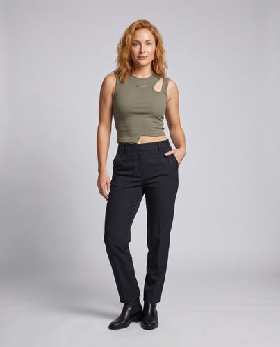 Damen nan asymmetrisches ärmelloses Rippstrick Kurztop mit Schulterausschnitt EB