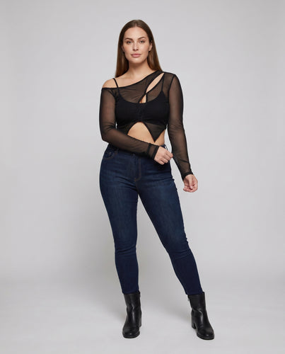 Damen nan asymmetrisches Cropped-Top aus transparentem Netzmaterial mit Cut-Outs, einseitigem Träger und spitz zulaufendem Saum EB