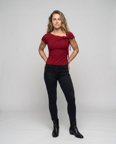 Damen nan asymmetrisches Ein-Schulter-Top mit dekorativer Schleifenbindung und tailliertem Stretchschnitt EB