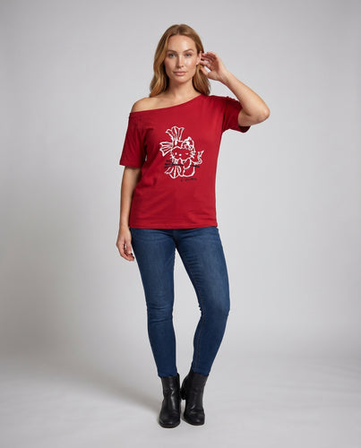 Damen nan asymmetrisches Freizeitshirt mit offener Schulter, Raglanärmeln und illustrativem Frontprint EB