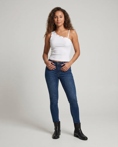 Damen nan asymmetrisches geripptes Spaghettiträger-Top mit Metallnieten EB