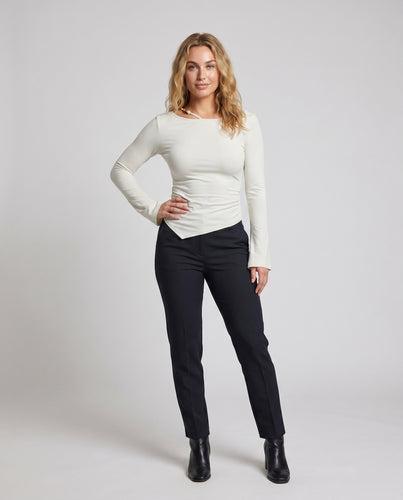 Damen nan asymmetrisches Langarmtop mit spitzem Zipfelsaum, seitlicher Raffung und verstellbarem Nackenband EB