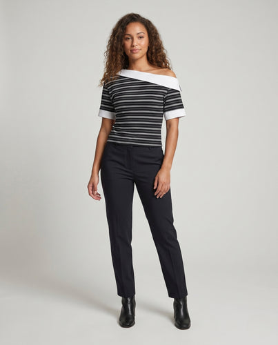 Damen nan asymmetrisches Off-Shoulder-Top mit gestreifter Kragenblende und kurzen Umschlagärmeln EB