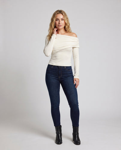Damen nan asymmetrisches schulterfreies Langarmtop mit Drapierung und seitlicher Raffung EB