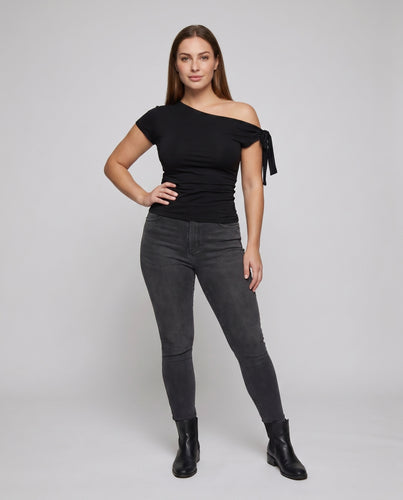 Damen nan asymmetrisches schulterfreies Oberteil mit Schleifen-Schulterband und tailliertem Stretchjersey EB
