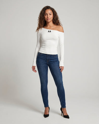 Damen nan asymmetrisches schulterfreies Slim-Fit-Top im Body-Design mit Trompetenärmeln EB