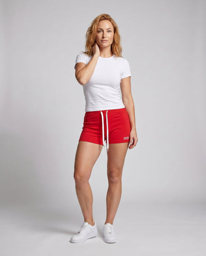 Damen nan athletischer Jersey-Minirock mit hohem Bund, Tunnelzug und Logopatch EB