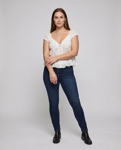 Damen nan besticktes Voile-Blusentop mit Puffärmeln, Knopfblende und Volantbesatz EB