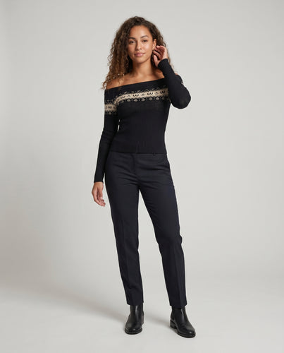 Damen nan Carmen-Ausschnitt Strickpullover mit Norweger-Jacquard und taillierter Rippstruktur EB