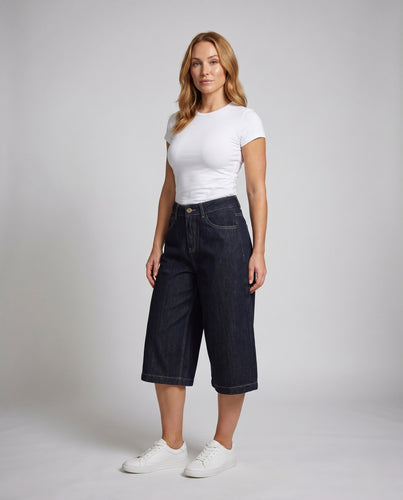 Damen nan Culotte-Jeans mit hohem Bund, weitem Bein und Fünf-Taschen-Details EB
