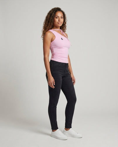 Damen nan einschulteriges Rippjersey-Top mit Nackenband, formender Passform und seitlicher Raffung EB