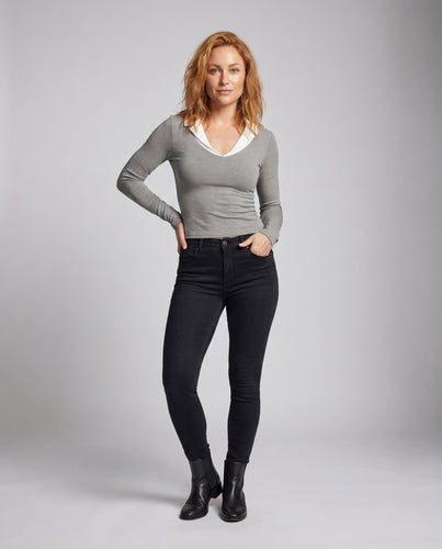 Damen nan elastisches Longsleeve mit integriertem Hemdkragen und tiefem V-Ausschnitt EB
