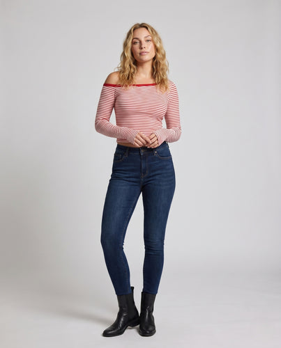 Damen nan eng anliegendes Rippen-Longsleeve im Ein-Schulter-Schnitt mit verlängerten Ärmelabschlüssen EB