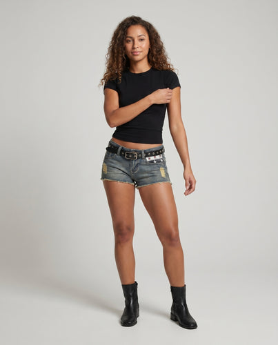 Damen nan eng geschnittenes Crop-Shirt aus formstabilem Stretchjersey mit Clean-Rundhals EB