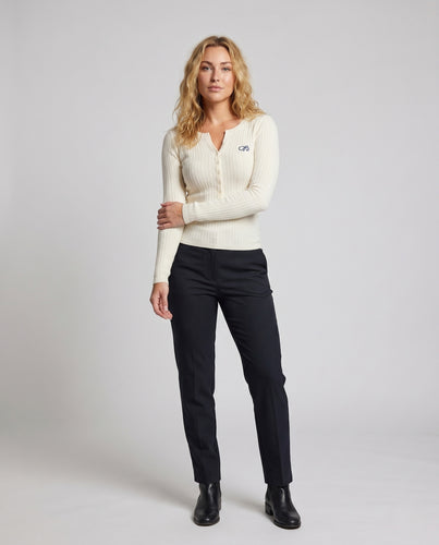 Damen nan fein geripptes Strickoberteil mit Knopfleiste, Kerb-V-Ausschnitt und figurnaher Passform EB