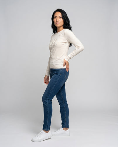 Damen nan feiner Rippenstrick-Pullover mit floraler dreidimensionaler Applikation und Rundhalsausschnitt EB