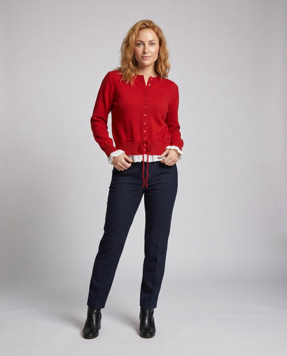 Damen nan feiner Strickcardigan mit Knopfleiste, Tunnelzug und Volantbesatz EB