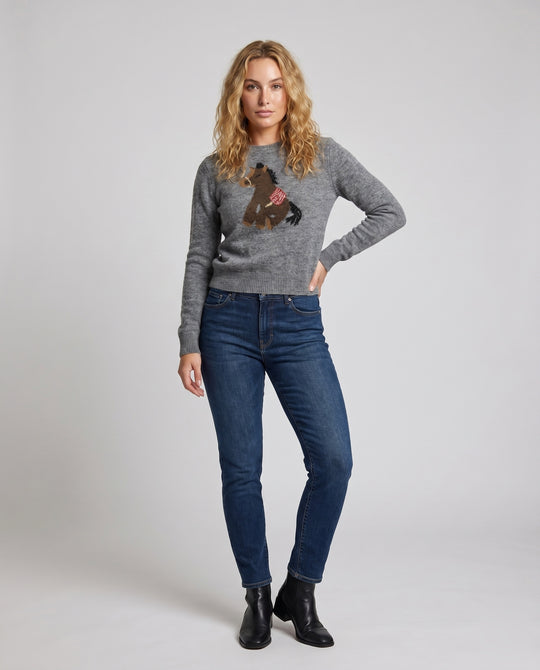 Damen nan Feinstrickpullover mit Pferdeintarsie, Rundhalsausschnitt und geripptem Saum EB