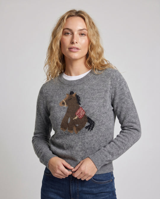 Damen nan Feinstrickpullover mit Pferdeintarsie, Rundhalsausschnitt und geripptem Saum EB