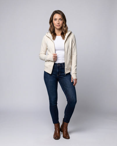 Damen nan figurbetonte Kapuzen-Zipjacke aus Sweat mit asymmetrischem Vorderteil und Daumenöffnungen EB