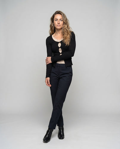 Damen nan figurbetonter Langarm-Cardigan mit Spitzen-Einsätzen und ovalen Cut-Outs EB