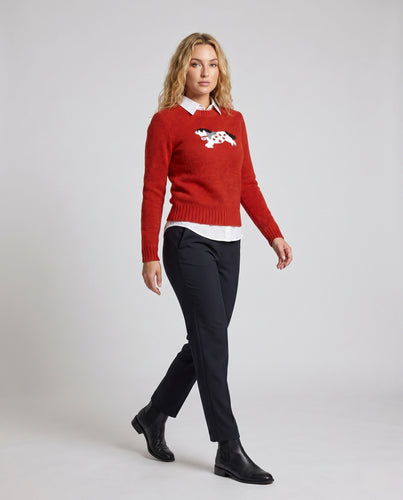 Damen nan figurbetonter Rundhals-Pullover mit Jacquard-Hundmotiv und Rippbündchen aus Wollmix EB
