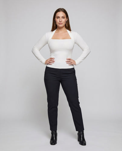 Damen nan figurbetontes Langarmshirt mit quadratischem Ausschnitt und Bolero-Effekt EB