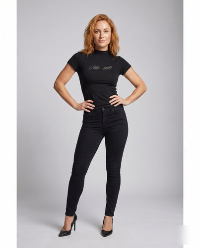 Damen nan figurbetontes Stretch-Top mit Stehkragen und Strassapplikation EB