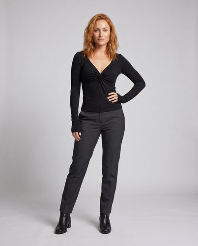 Damen nan figurbetontes V-Ausschnitt Langarmshirt mit Mesh-Einsatz und Knotenrüsche EB
