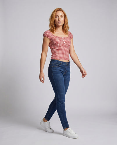 Damen nan figurbetontes Vichy-Karo-Top mit eckigem Ausschnitt, Knopfleiste und Puffärmeln EB