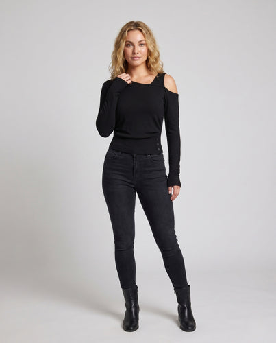 Damen nan figurnahes Langarmshirt mit asymmetrischem Schulterauschnitt, Daumenlochärmeln und seitlicher Knopfleiste EB