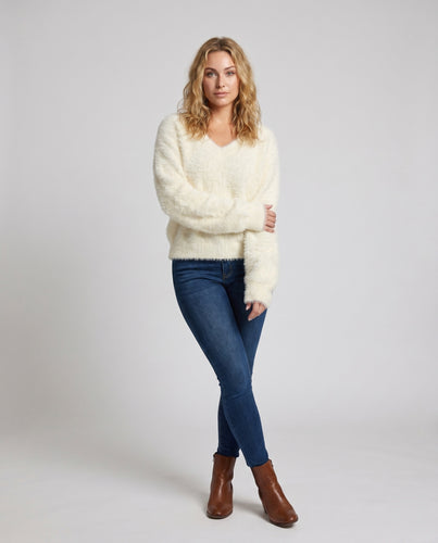 Damen nan flauschiger V-Ausschnitt-Pullover mit weitem Oversize-Schnitt und Felloptik EB