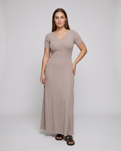 Damen nan fließendes Rippstrick-Maxikleid mit V-Ausschnitt und kurzen Ärmeln EB