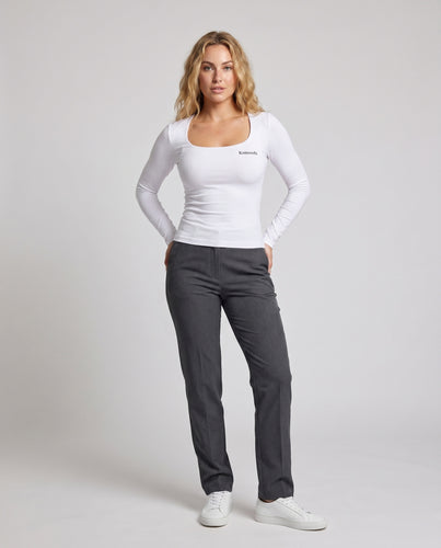 Damen nan formgebendes Langarm-Top mit eckigem Ausschnitt, dezenter Brustprint und extra langen Bündchen EB