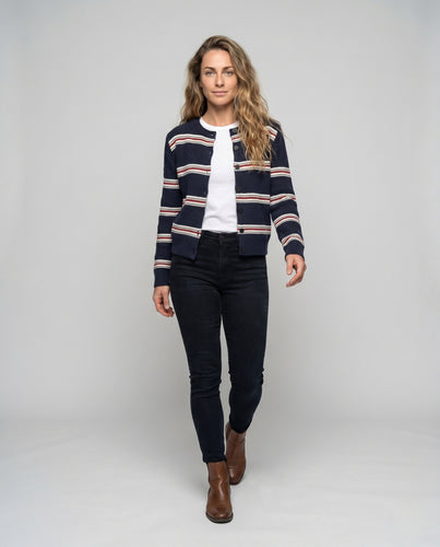 Damen nan gerippte Strickjacke mit maritimen Blockstreifen, Rundhals und durchgehender Knopfleiste EB