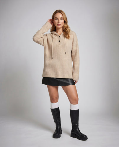 Damen nan gerippter Kapuzenpullover mit Henley-Knopfleiste und Oversize-Schnitt EB