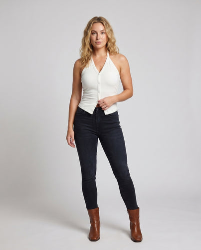 Damen nan geripptes Halter-Top mit durchgehender Knopfleiste und taillierter Passform EB
