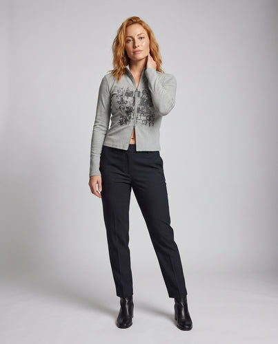 Damen nan geripptes Reißverschluss-Cardigan mit Stehkragen, kurzem Schnitt und Vintage-Print EB