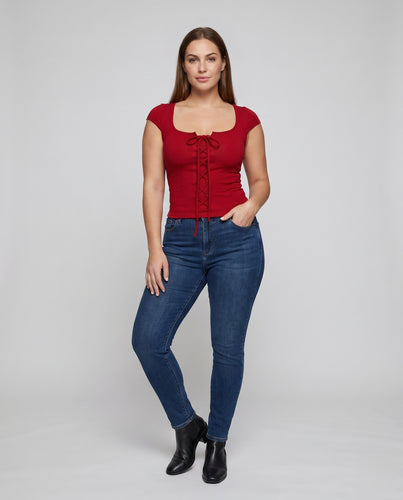 Damen nan geschnürtes Rippjersey-Kurztop mit Kordelzug vorne und taillierter Silhouette EB