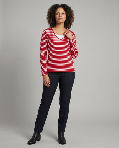 Damen nan gestreiftes Langarmshirt in Lagenoptik mit tiefem V-Ausschnitt und schmaler Passform EB