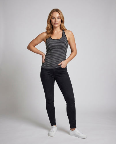 Damen nan gestreiftes Rückenfreies Tanktop mit zentriertem Rückenriemen und feiner Rippstruktur EB